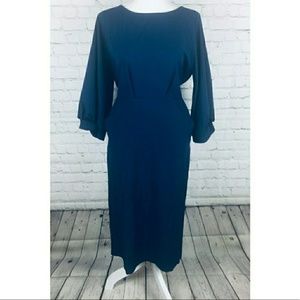 XINFU Navy Blue, Bishop Sleeves Midi Dress XXL